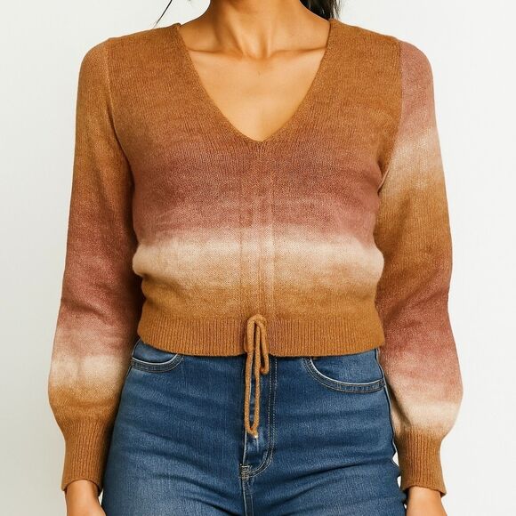 Mahina Chestnut Ombre Drawstring Sweater Top Women Size Medium - Picture 2 of 6